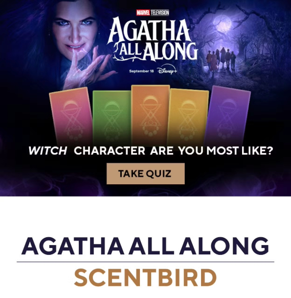 Promo for Marvel's "Agatha All Along" and Scentbird with quiz prompt "Witch character are you?