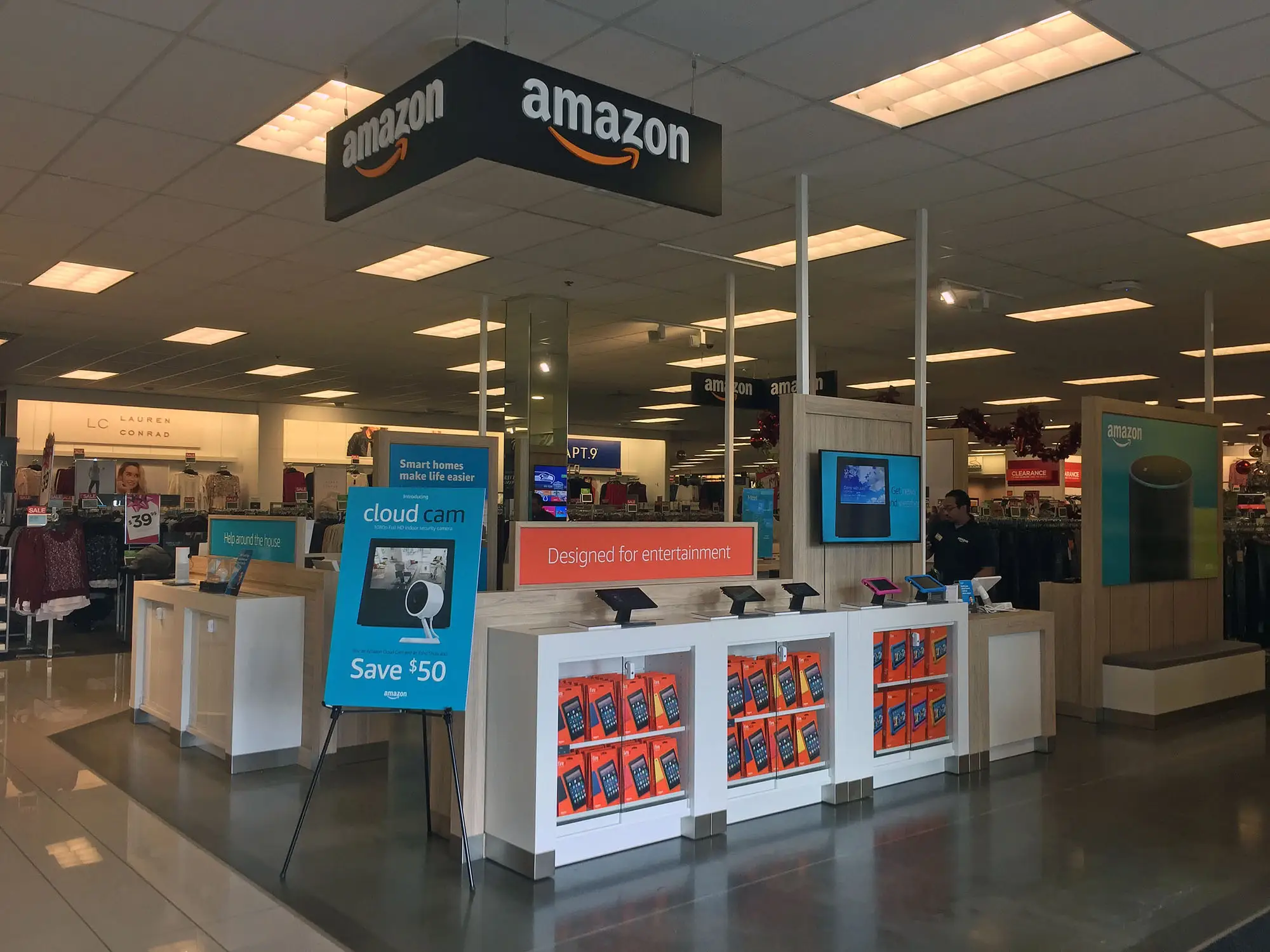 Kohl’s store interior distributing "Cloud Cam" smart home camera promoted with a $50 discount.