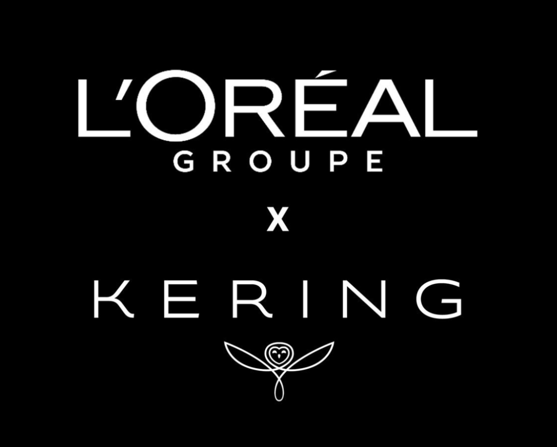 L’Oreal Group Logo paired with Kering owl Logo, symbolizing their acquisition 