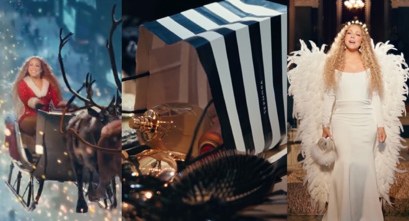 Mariah Carey in festive holiday scenes — riding a red sleigh in a Santa outfit, a Sephora gift bag surrounded by beauty products, and Mariah in a white gown with angel wings and a glowing crown.