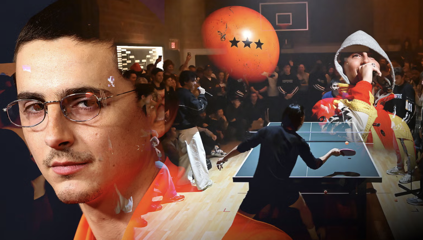 A multi-layered collage featuring Timothée Chalamet and scenes from a ping-pong-themed event.