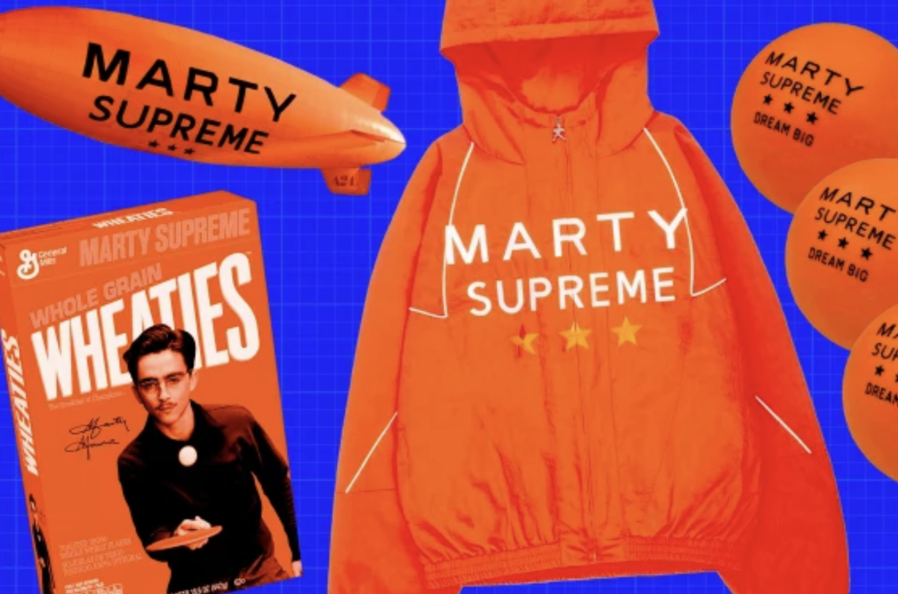 A collection of "Marty Supreme" branded items including a hoodie, cereal box, and blimp.