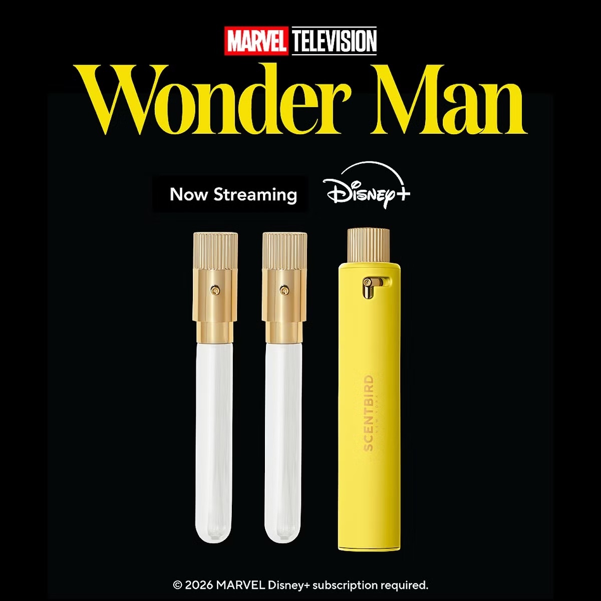 Promotional graphic for Marvel Television’s Wonder Man, showing the title in yellow text above three fragrance containers, including two glass sample vials with gold caps and a yellow Scentbird travel case, with “January 27” and the Disney+ logo on a black background.