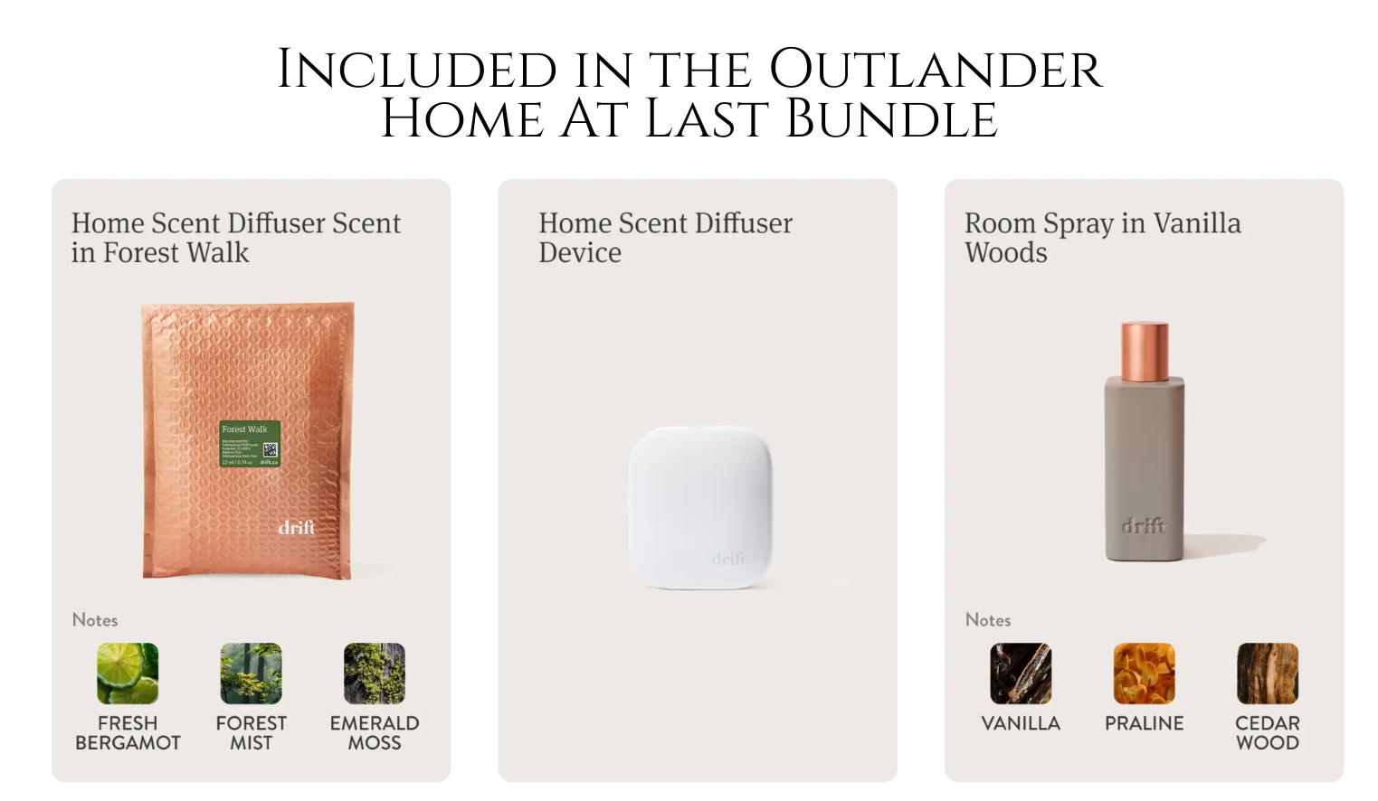 Product bundle featuring a Drift home scent diffuser, a Forest Walk fragrance refill with bergamot, forest mist, and moss notes, and a vanilla woods room spray with vanilla, praline, and cedarwood notes.