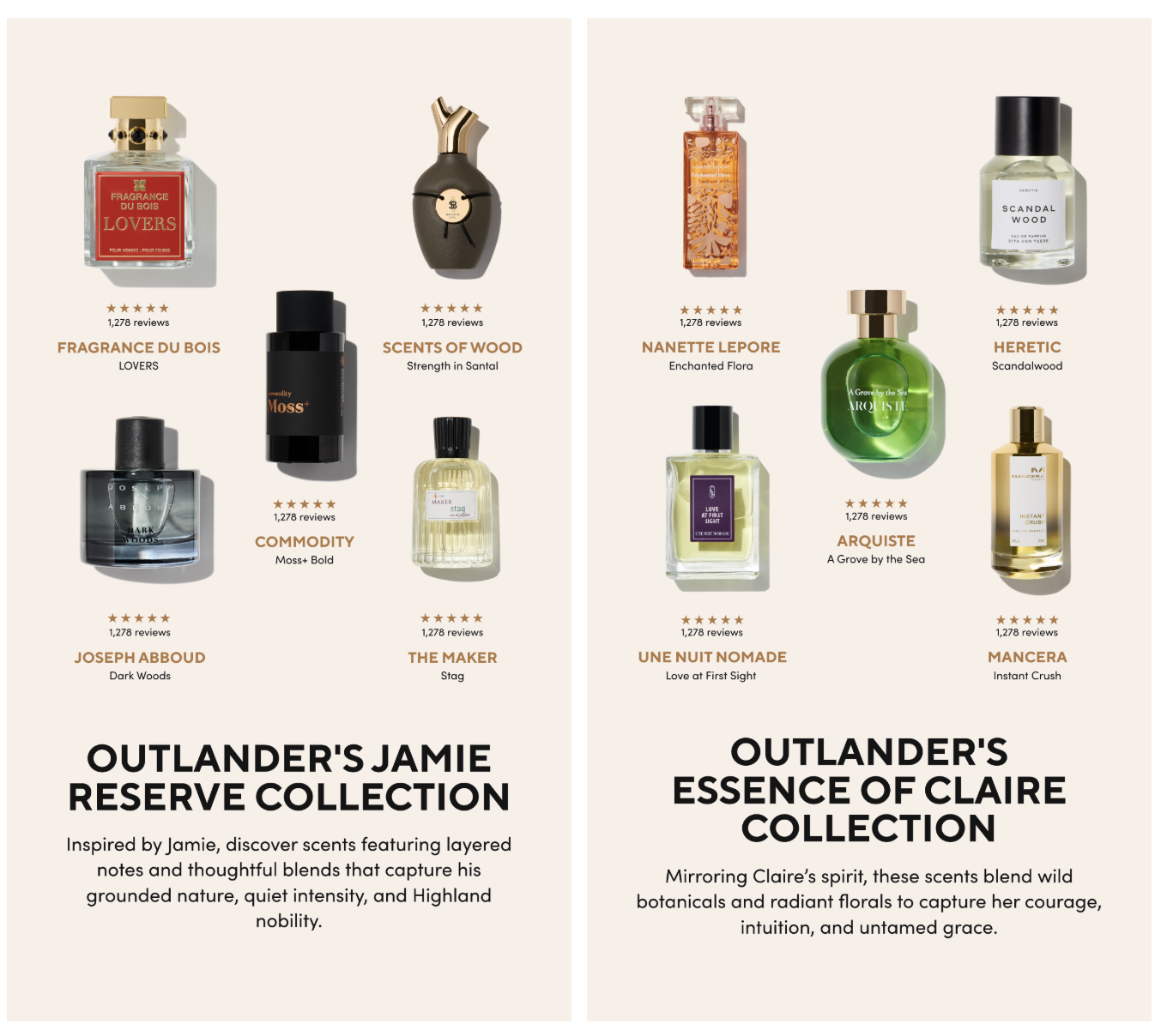 Two curated fragrance collections inspired by Outlander characters. “Jamie’s Reserve Collection” features woody and earthy scents, while “Essence of Claire Collection” highlights botanical and floral fragrances from various perfume brands.