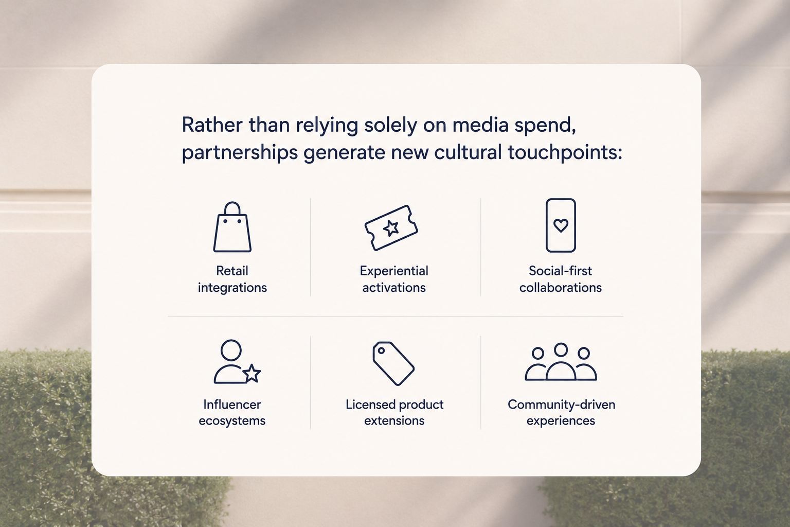 Informational graphic explaining how partnerships create cultural touchpoints beyond traditional media spend. The design highlights six partnership strategies with minimalist icons: retail integrations, experiential activations, social-first collaborations, influencer ecosystems, licensed product extensions, and community-driven experiences, displayed on a clean white panel against a soft neutral background.
