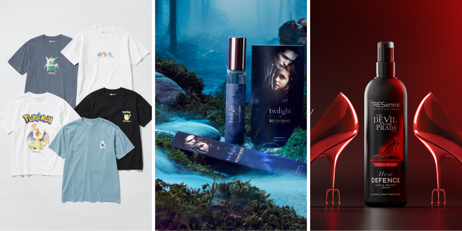 Three entertainment partnership campaign examples displayed side-by-side. Left: a Pokémon x Uniqlo apparel collection featuring graphic T-shirts in multiple colors. Center: a Twilight x Scentbird fragrance campaign with perfume packaging displayed in a cinematic forest-inspired setting. Right: a TRESemmé x The Devil Wears Prada collaboration featuring a black heat defense spray bottle framed by red high heels against a dramatic red background.