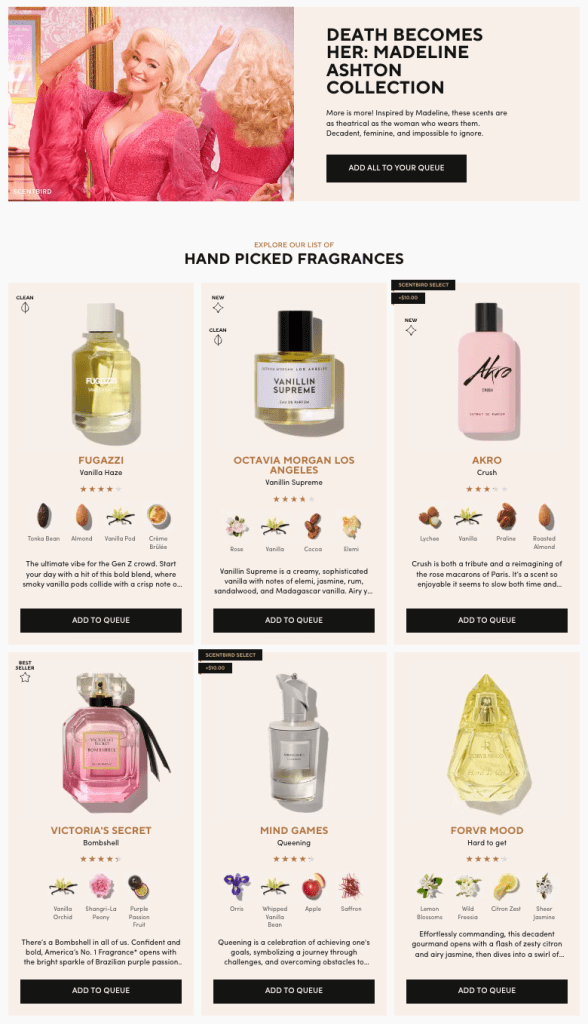 Scentbird’s Death Becomes Her Madeline Ashton Collection featuring pink visuals and handpicked fragrances inspired by confidence, femininity, and theatrical flair.